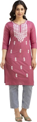 Gundia Fashion Women Embroidered Straight Kurta(Pink, White)