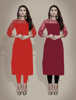 Maheshvi Women Solid, Self Design Straight Kurta(Maroon)