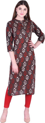 Lihimisu Women Floral Print Straight Kurta(Brown)