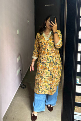 pari creation Women Floral Print, Printed Straight Kurta(Yellow, Multicolor)