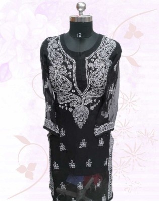 Sheeraz khan Women Chikan Embroidery A-line Kurta(Black)