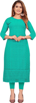 KAYRAAH Women Chikan Embroidery Straight Kurta(Light Green)