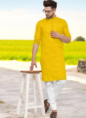 Rashmi Genz Men Printed Straight Kurta(Yellow)