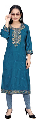 Smart Queen Palace Women Embroidered A-line Kurta(Blue)