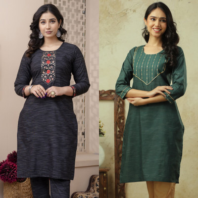 AUZAAI COLLECTION Women Embroidered Straight Kurta(Black, Green)