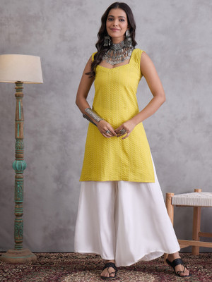 InWeave Women Striped Straight Kurta(Yellow)