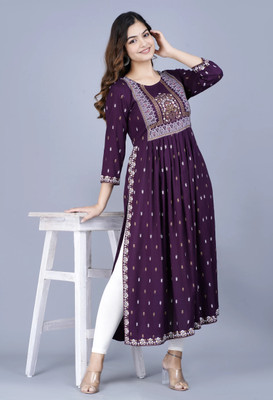 MARISY Women Printed A-line Kurta(Purple, Gold, White)