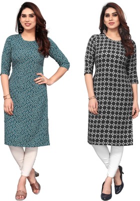 KILLARI Women Printed Straight Kurta(Blue, Black)