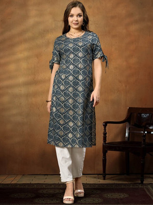 ANOUK Women Printed Straight Kurta(Dark Blue)