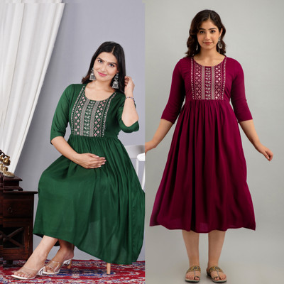 mayraa Women Solid, Embroidered Anarkali Kurta(Green)