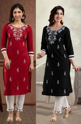 HouseOfCommon Women Chikan Embroidery Straight Kurta(Multicolor)
