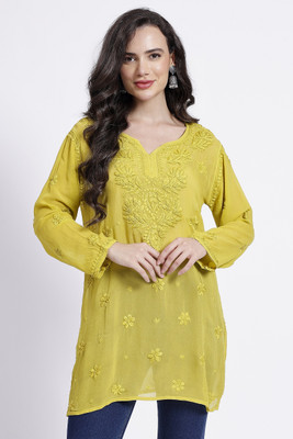 The Chikankari Story Women Chikan Embroidery Straight Kurta(Yellow)