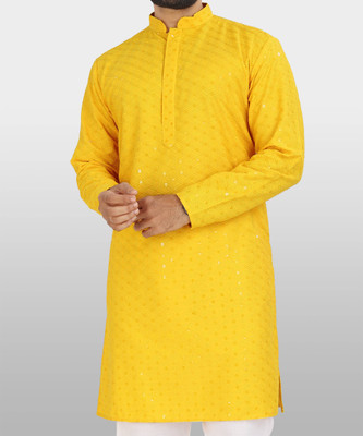 ALMORA Men Embellished Straight Kurta(Yellow)