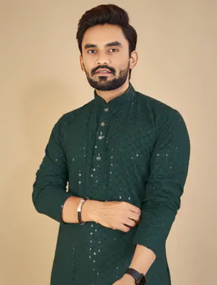 grantox Men Self Design, Embellished Straight Kurta(Green)