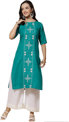 VIVIDH CREATIONS Women Embroidered Straight Kurta(Green, White)