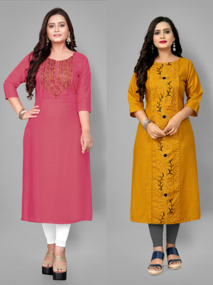 Fabriza Women Embroidered A-line Kurta(Pink, Yellow)