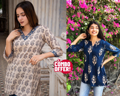 MABRI Women Printed Straight Kurta(Beige, Blue)