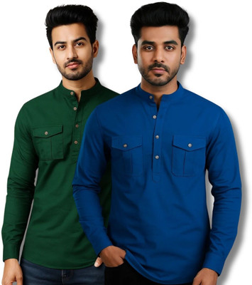 RANGFIT Men Solid Straight Kurta(Green, Dark Blue)