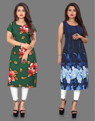 Hiral Creation Women Floral Print Straight Kurta(Green, Blue)