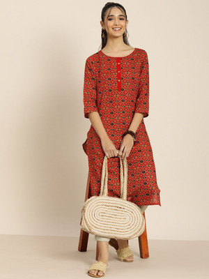 Sangria Women Bandhani Straight Kurta(Red)