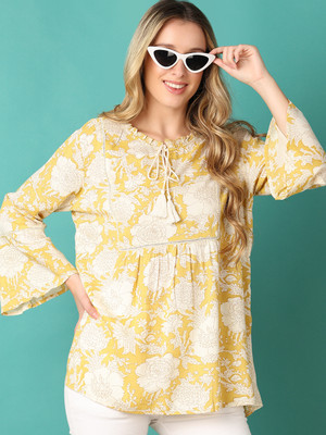V-MART Women Printed A-line Kurta(Yellow)
