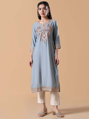 SHOWOFFFF Women Embroidered Straight Kurta(Grey)