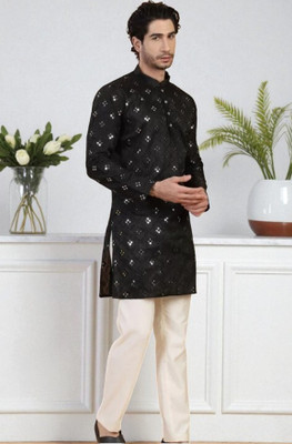 Tasva Fab Men Embroidered Straight Kurta(Black)