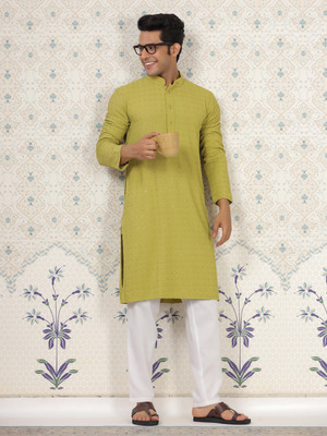 House of Pataudi Men Embroidered Ethnic Dress Kurta(Light Green)
