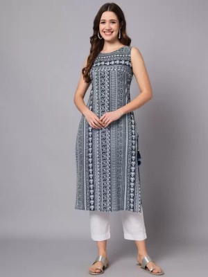 HAYASHU Women Printed Straight Kurta(Dark Blue, White)