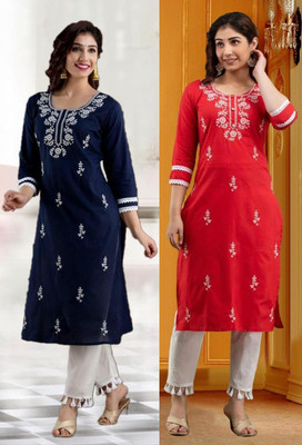 SISTO Women Chikan Embroidery A-line Kurta(Blue, Red)