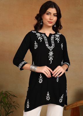 VAHSON Women Chikan Embroidery, Floral Print, Embroidered, Paisley, Self Design A-line Kurta(Black, White)