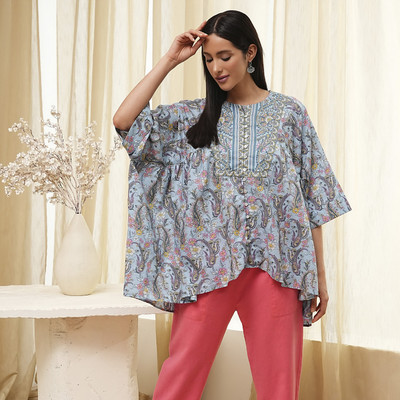 BIBA Women Printed Flared Kurta(Blue)