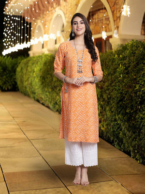 1 Stop Fashion Women Printed Straight Kurta(Orange)