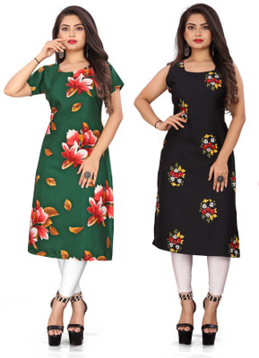 Hiral Creation Women Floral Print Straight Kurta(Green, Black)