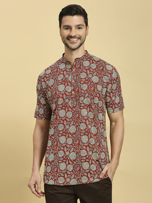 Rajubhai Hargovindas Men Floral Print Straight Kurta(Red)