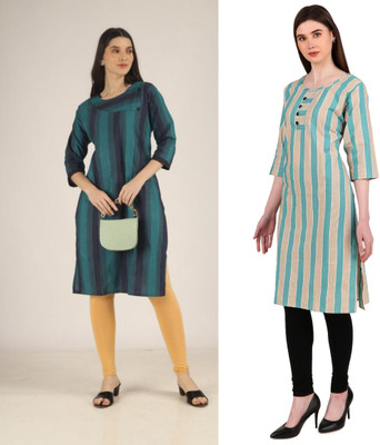 Finekraft Women Striped, Solid Straight Kurta(Dark Green, Light Blue)