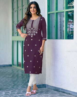 Anmi Chikan Embroidery Women Straight Kurta(Purple)