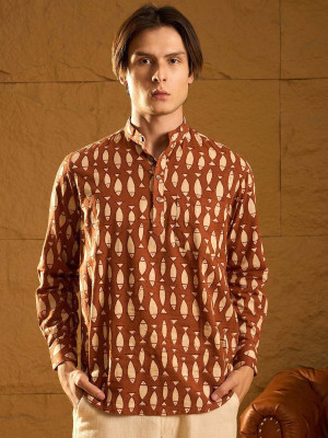 DIMMY Men Printed A-line Kurta(Beige, Brown)