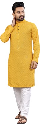 Dream Clouds Men Embroidered Straight Kurta(Yellow)