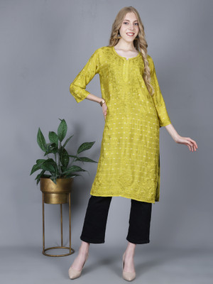 The Chikankari Story Women Embroidered Straight Kurta(Yellow)