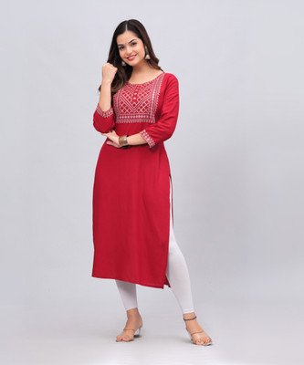 NEW4U Women Embroidered Straight Kurta(Red)