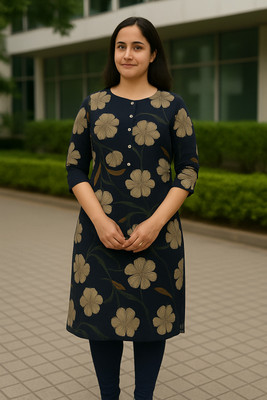 singaran fashion Women Floral Print A-line Kurta(Dark Blue)
