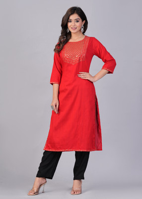 Akii's Women Embroidered Straight Kurta(Red)