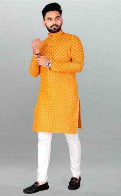 Simran Creation Men Printed Straight Kurta(Yellow, Orange)