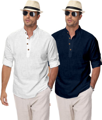 clothingveda Men Self Design Straight Kurta(Blue, White)