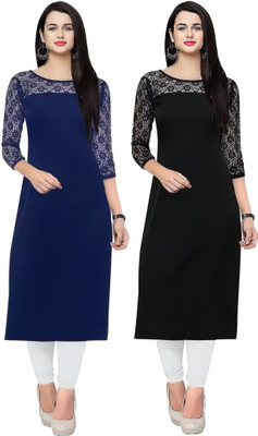 HIALTO Women Solid Straight Kurta(Blue, Black)