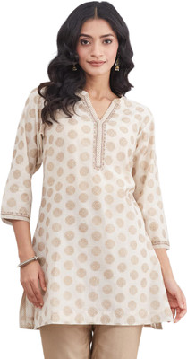 Fabindia Women Printed Straight Kurta(Beige)