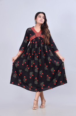 gobya Women Floral Print Anarkali Kurta(Black)