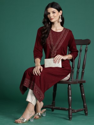 Indo Era Women Printed Straight Kurta(Maroon)