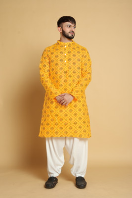 VISHESTA Men Printed Straight Kurta(Yellow)